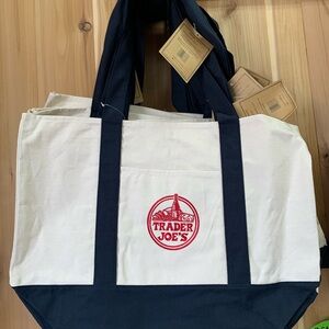 Trader Joe's Navy and Cream LARGE Canvas Fabric Tote Bag 20”X14”